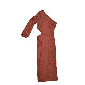 One-Shoulder Rust Brown Midi Dress With Puff Sleeve & Cut-Out Detail